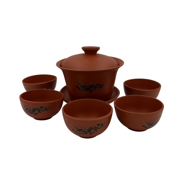 Terracotta Tea Set With Lid & 6 Cups Dragon Pattern Design Handmade Traditional - Picture 1 of 4